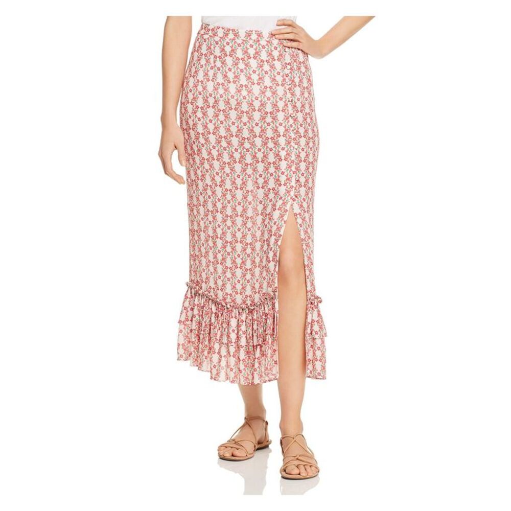 PALOMABLUE Womens Pink Slitted Floral Midi Ruffled Skirt Size: M